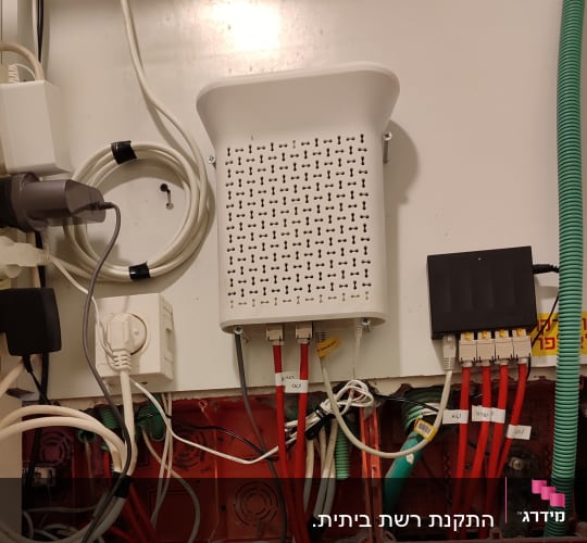 חיבורים וציוד רשת על קיר, כולל כבלים ומתגים